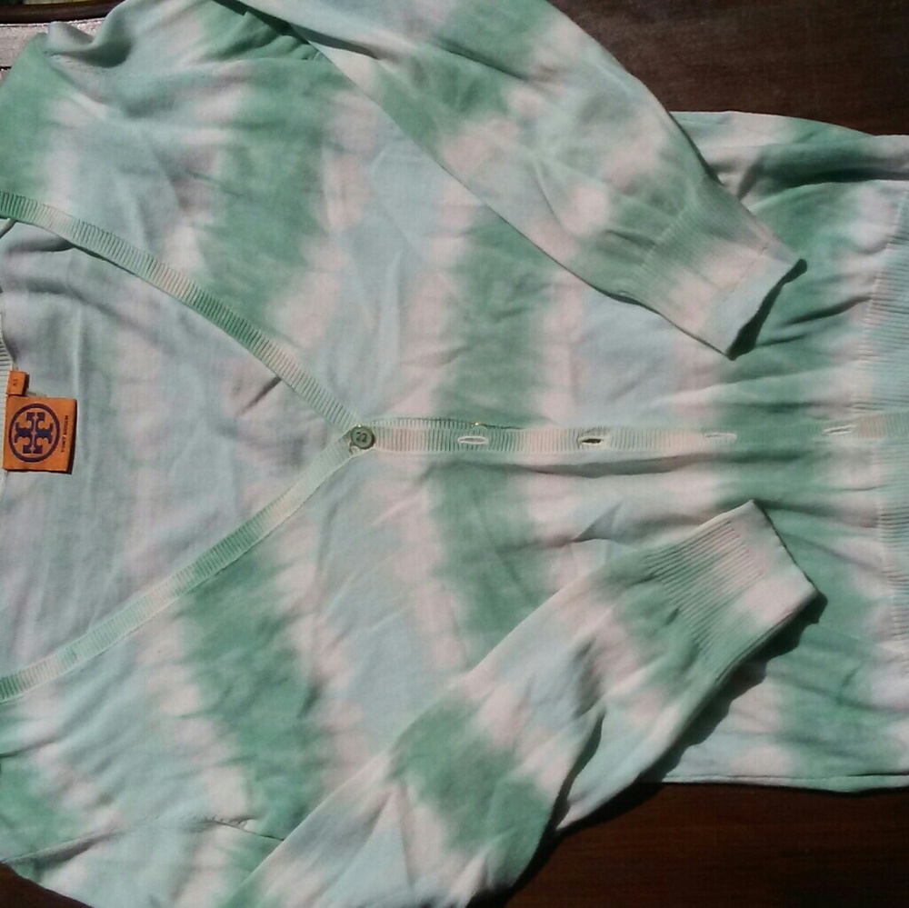 Tory. Burch mint and white stripped cardigan xs